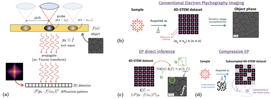 Figure 2: (a) Working principle of electron ptychography (EP). Following a 4-D STEM scheme, EP aims to image the atomic structure of organic and inorganic samples. It relies on recording two-dimensional (2-D) diffraction patterns, in intensity, for every position of a convergent electron beam. (b) By solving the related phase retrieval problem (e.g., using greedy or non-convex optimization methods), the four-dimensional observational dataset allows the reconstruction of a high-resolution object. (c) In QuadSense, we will study the possibility of direct inference in the observational space. We will leverage the similarity between the EP sensing model and the quadratic sensing model of a ROP to show how one can infer the correlation between the target image \\(f\\) and a probing pattern \\(u\\) by comparing the EP sensing of both objects. (d) Finally, we will study additional compressive schemes for EP by subsampling both the probe positions and the diffraction patterns, thus combining EP with the matrix completion problem in the spectrum-space domain.